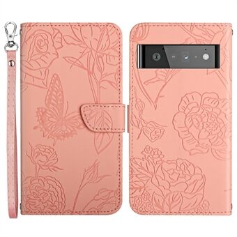 Butterfly Flowers Imprinting Anti-drop PU Leren Telefoonhoesje voor Google Pixel 6 Pro, Hoesje met Portemonnee en Handige Band.