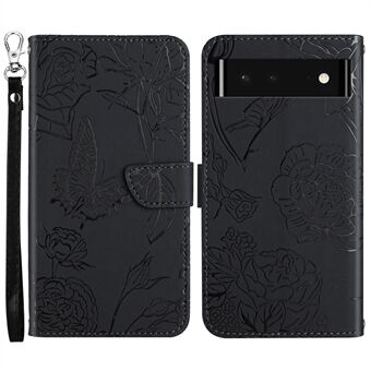 Vlinderbloemen afdrukken PU lederen telefoonhoesje voor Google Pixel 6, Patroon afdrukken ontwerp standaard portemonnee spatbestendige behuizing met handige riem