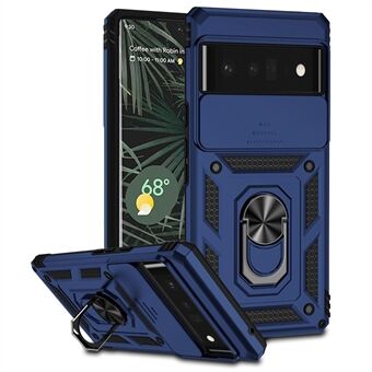 Voor de Google Pixel 6 Pro schokbestendige telefoonhoes met ringstandaard, hybride pc + tpu-behuizing en schuifbare camerabeschermingscover.