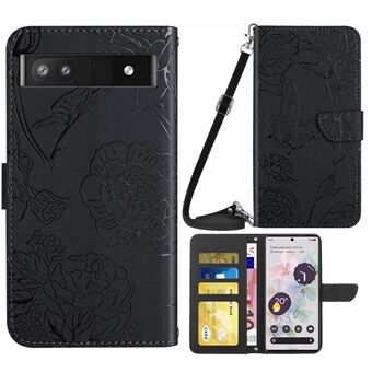 Voor de Google Pixel 6a TPU+PU Leren Telefoonhoes, een portemonnee cover met een huid-aanrakend gevoel, een standaard, een patroon van vlinders en bloemen en een schouderband.