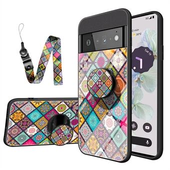 Voor Google Pixel 7 Pro Gehard Glas Bloemenpatroon Hoesje met Kickstand Krasbestendig Hard PC Zachte TPU Rand Telefoonhoesje met Lanyard