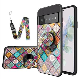 Telefoonhoesje met bloemenpatroon voor Google Pixel 7, gemaakt van gehard glas + PC + TPU, met ontwerp voor een lanyard en een uitklapbare standaard voor bescherming.