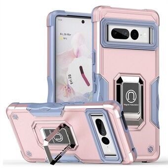 Voor Google Pixel 7 Pro Schokbestendige harde pc-zachte TPU-hybride hoes met ingebouwde standaard en anti-val telefoonhoes met autobevestiging metalen plaat.