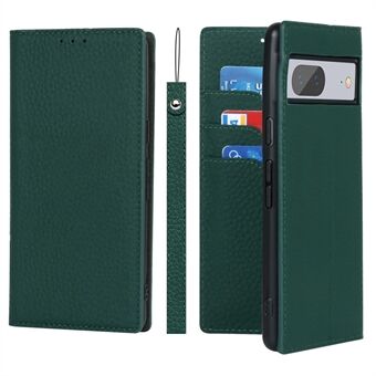 Voor Google Pixel 7 5G Volledige Bescherming Litchi Textuur Echt Leren Telefoonhoesje met Stand, Valbestendige Flip Portemonnee Hoesje met Polsband