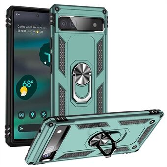 Voor de Google Pixel 6a 5G Anti-drop TPU + PC Telefoonhoesje met Ringhouder, Kickstand, en Beschermhoes met Autohouder Metalen Plaat.