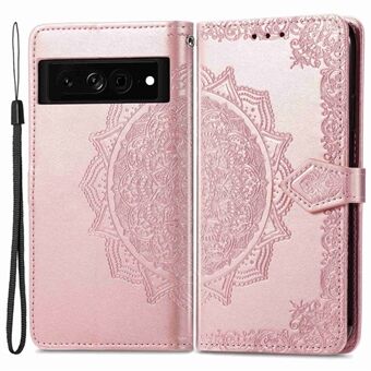 Staande Portemonnee Leren Hoesje voor Google Pixel 7 5G, Met reliëf Mandala Patroon Volledige Bescherming Binnenste TPU Telefoonhoesje met Riem