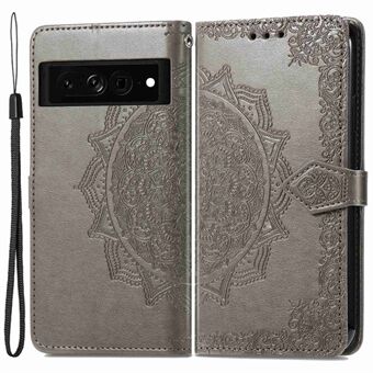 Voor de Google Pixel 7 Pro schokbestendige telefoonhoes met reliëf mandala patroon, PU lederen wallet telefoonhoes met standaard en strap protector.