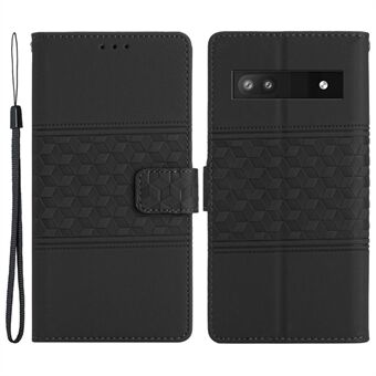 Voor de Groothandel Telefoonhoesjes van de Google Pixel 8a, bedrukt met een ruitpatroon en voorzien van een portemonnee en standaard voor de telefoon.