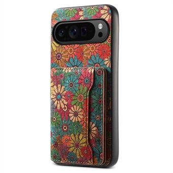 Voor Google Pixel 9 Pro Kickstand Hoesjes met bloemenpatroon, vakje voor pasjes, gemaakt van PU+TPU+PC materiaal.