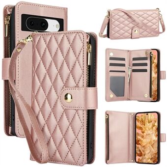 Voor Google Pixel 8 hoesje Chic Rhombus PU lederen telefoonhoesje met schouderkoord.