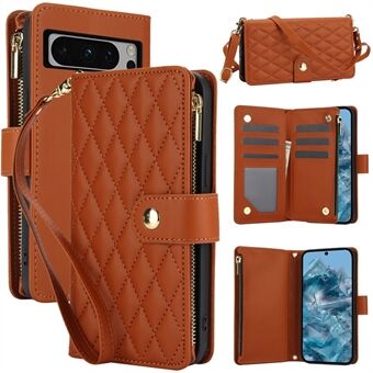 Voor Google Pixel 8 Pro hoesje: Rhombus Rits Leren Telefoonhoesje met Schouderband.
