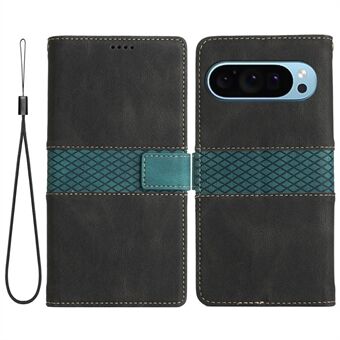 Voor Google Pixel 9 Hoesje met rasterpatroon, vakjes voor kaarten en PU lederen telefoonhoesje.