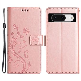 Voor Google Pixel 8 Telefoonhoesje Leren Flip Cover Vlinder Bloemenpatroon Geïnprint