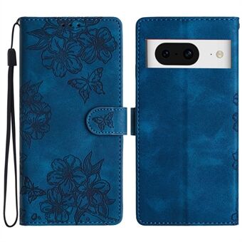 Voor Google Pixel 8 Hoes PU Lederen Portemonnee Telefoonhoes met Geïmponeerde Vlinderbloemen en Polsbandje