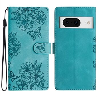 Voor Google Pixel 8 Hoesje PU Lederen Portemonnee Telefoonhoesje Gegraveerde Vlinder Bloemen Polsband