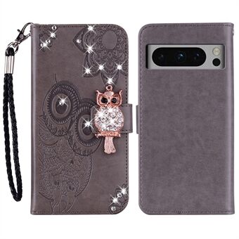 Voor Google Pixel 9 Pro XL Portemonneehoes Uil Bloem Afgebeeld Rhinestone Leren Beschermhoes