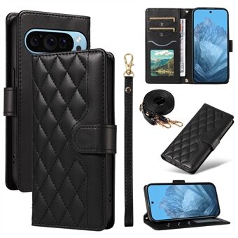 Voor Google Pixel 9 / Pixel 9 Pro Hoesje Wallet Ruitvormig Lederen Telefoonhoesje met Schouderriem, Polsband