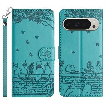 Voor Google Pixel 9 Pro XL Case met Polsriem Lederen Telefoonhoes Muur Kattenpatroon