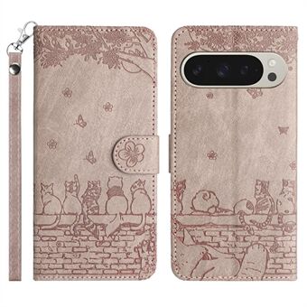 Voor Google Pixel 9 Pro XL Hoes met Polsband Lederen Telefoonhoesje Muurkattenpatroon