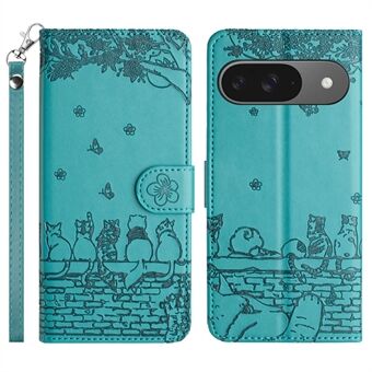 Voor Google Pixel 9 / 9 Pro Hoesje met Polsband Leren Telefoonhoesje Muurkattenpatroon