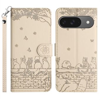 Voor Google Pixel 9 / 9 Pro Hoes met Polsband Leren Telefoonhoesje Muur Kattenpatroon