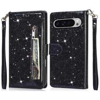 Voor Google Pixel 9 Pro / Pixel 9 Stand Hoesje Glitter Telefoon Leren Hoes met Ritsvak