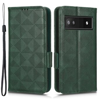 Voor de Google Pixel 6a: een opdruk van een driehoekpatroon op een fliphoesje met een standaard, portemonnee van PU-leer en een strap.