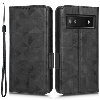 Voor de Google Pixel 6a, een telefoonhoesje met een gedrukt driehoekpatroon, omvouwbaar met een staande functie en een portemonnee, gemaakt van PU-leer, inclusief een bandje.