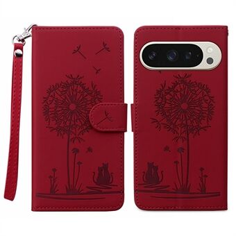 Voor Google Pixel 9 / 9 Pro Hoesje Kat Paardenbloem Print PU Lederen Portemonnee Telefoonhoes met Strap