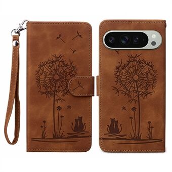 Voor Google Pixel 9 Pro XL Hoesje Kat Paardenbloem Print PU Lederen Portemonnee Telefoonhoes met Bandje