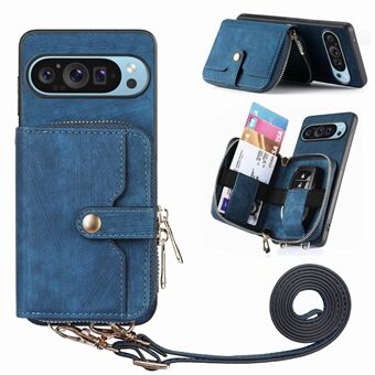 Voor Google Pixel 9 / Pixel 9 Pro Hoes Rits Kaart Houder PU Lederen Telefoon Achterkant Hoes met Lange Strap