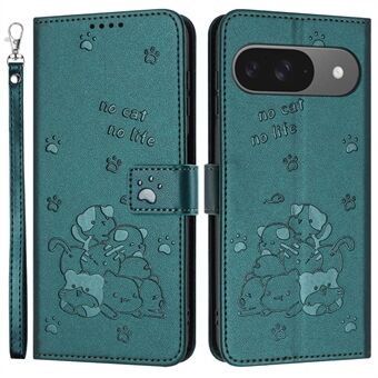 Voor Google Pixel 9 Pro / Pixel 9 Hoes met Band Cats Print Leren Wallet Telefoonhoesje - Zwartachtig Groen