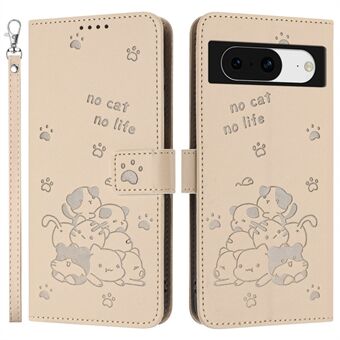 Voor Google Pixel 8a Hoesje met Band Kattenafdruk Leren Portemonnee Telefoonhoesje