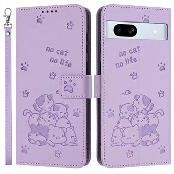 Voor Google Pixel 7a Hoesje met Bandje Cats Afdruk Leren Portemonnee Telefoonhoes