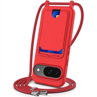 Voor Google Pixel 9 Hoesje Vloeibaar Siliconen Kaart Houder Telefoon Achterkant Cover met Lanyard