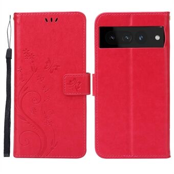 Voor de Google Pixel 7 Pro Wallet Stand PU Lederen Imprinting Bloem Vlinders Case Volledige Bescherming Innerlijke TPU Telefoonhoes met Strap.