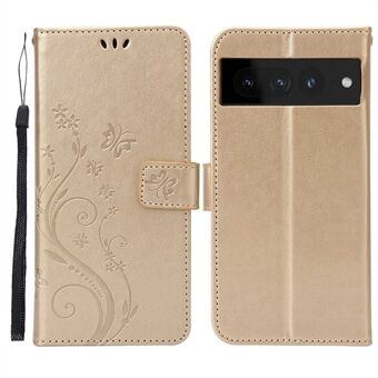 Voor Google Pixel 7 Pro Portemonnee Stand PU Lederen Hoesje met Bedrukking van Bloemen en Vlinders, Volledige Bescherming, Binnenkant van TPU, Telefoonhoesje met Strap.