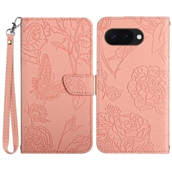 HT03 Voor Google Pixel 9a Hoesje Vlinder Bloemen Reliëf Leren Telefoonhoes met Band