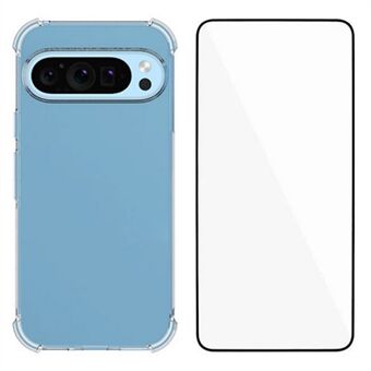 WANLONFENG WL-serie voor Google Pixel 9 Pro / Pixel 9 Hoes 2,0 mm heldere TPU hoes met gehard glas film (Grote Lens Gat)