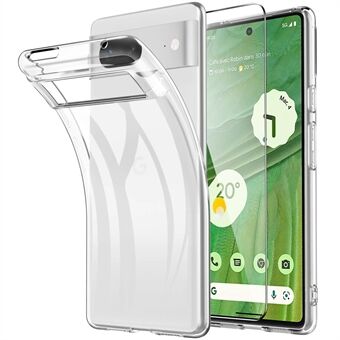 Voor Google Pixel 7 5G transparante telefoonhoes met anti-krasbescherming TPU-cover en een 2.5D Arc Edge gehard glazen scherm beschermer.