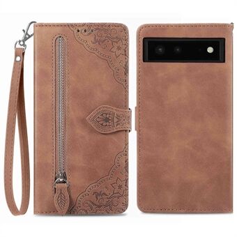 Voor de Google Pixel 6 5G Zipper Wallet Case met Bloemenopdruk, Magneetsluiting, PU Leren Flip Stand Telefoonhoesje met Polsbandje.