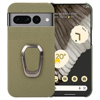 Voor de Google Pixel 7 Pro 5G echte lederen gecoate PC valbestendige hoes met ring-kickstand en litchi-texture beschermhoes