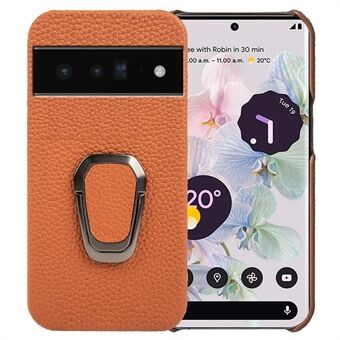 Ring Houder Kickstand Hoesje voor Google Pixel 6 Pro 5G, Litchi Textuur Echt Lederen Gecoate PC Beschermende Telefoonhoes.