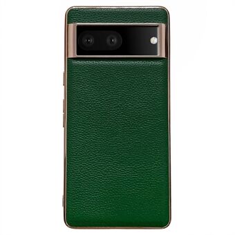 Voor de Google Pixel 7 5G Nano Elektroplatina achterkant hoesje met litchi structuur en echt lederen coating TPU telefoonhoesje.