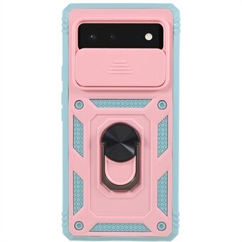 Voor de Google Pixel 6 PC+TPU Kickstand Antidrop Achterkant Cover met Schuivende Camera Lens Beschermer en Telefoonhoesje met Binnenste Kaarthouder Functie.