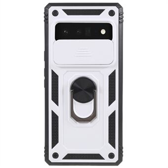 Voor Google Pixel 6 Pro 5G Ring Kickstand Achtercover met Schuivende Camera Lens Beschermer PC+TPU Krasbestendige Telefoonhoes met Binnenste Kaarthouder Functie.