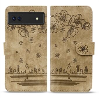 Voor Google Pixel 7 5G Geprinte Kersenbloesem Kat PU Leren Hoes Portemonnee Stand Telefoonhoes met Strap