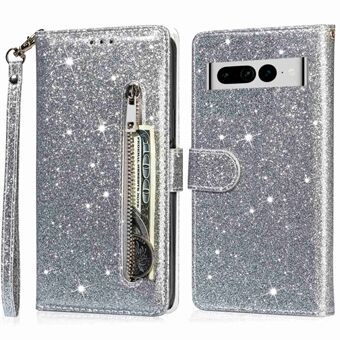 Voor de Google Pixel 7 Pro 5G Zipper Pocket Glittery PU Leren Beschermhoes Magnetische Sluiting Anti-val Telefoon Portemonnee Stand Cover.