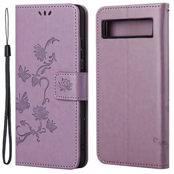Voor de Google Pixel 7a PU Leren Portemonnee Telefoonhoesje met Bedrukte Vlinder Bloem Patroon, Magnetische Sluiting, Standaard Binnenflap en Draagriem.