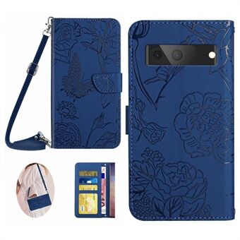 HT03 Telefoonhoes voor Google Pixel 7a PU Lederen Hoesje met Butterfly Bloemen Opdruk, Staander en Schouderriem.